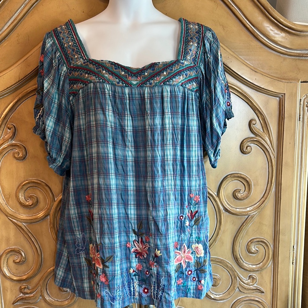Johnny was Embroidered Blue Plaid Women's Top